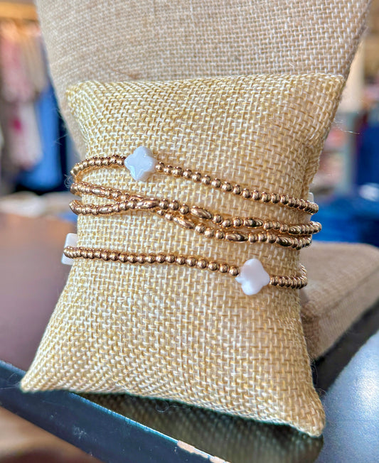 Gold Bead & White Clover Bracelet Set