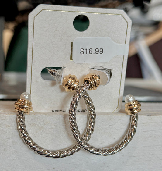 Silver Twisted Pearl Hoops