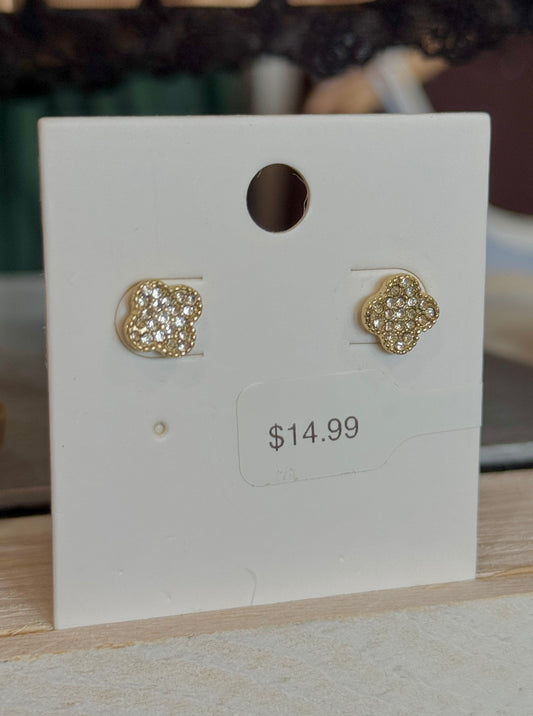 Gold Sm Rhinestone Clover Stud