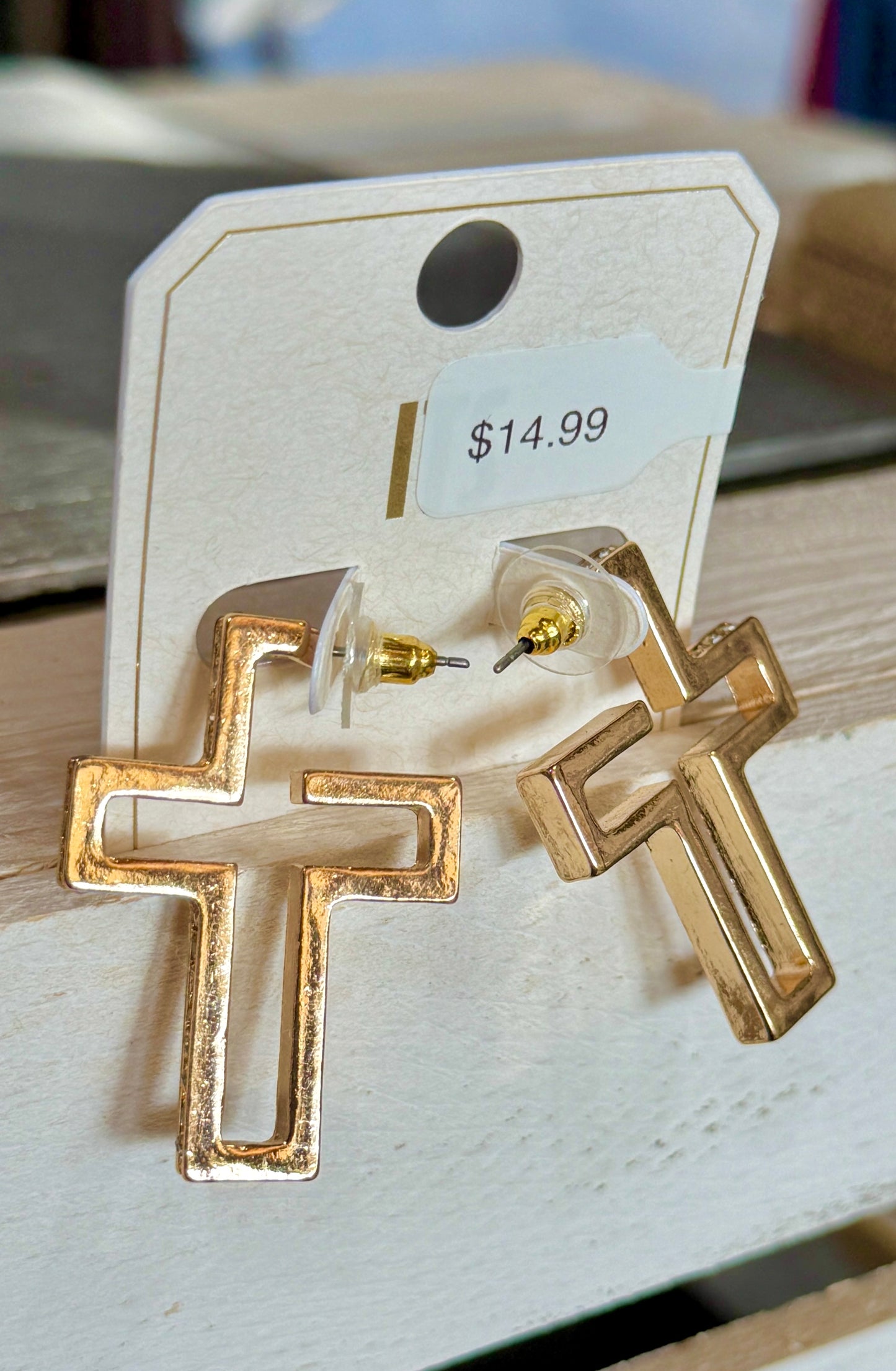 Gold Rhinestone Cross Earring