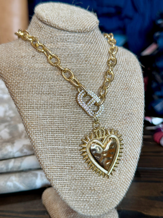 Gold Heart Rhinestone Tab Necklace