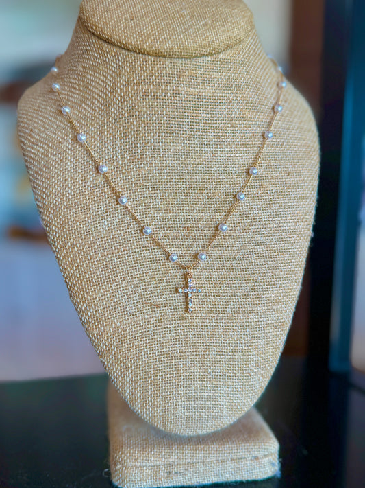 Gold Cross & Pearl Necklace