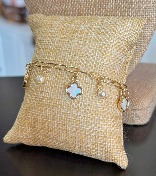 Gold Pearl Clover Charm Bracelet