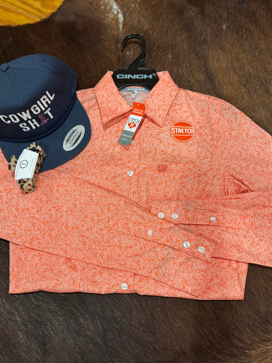 Coral Paisley Cinch Button Up