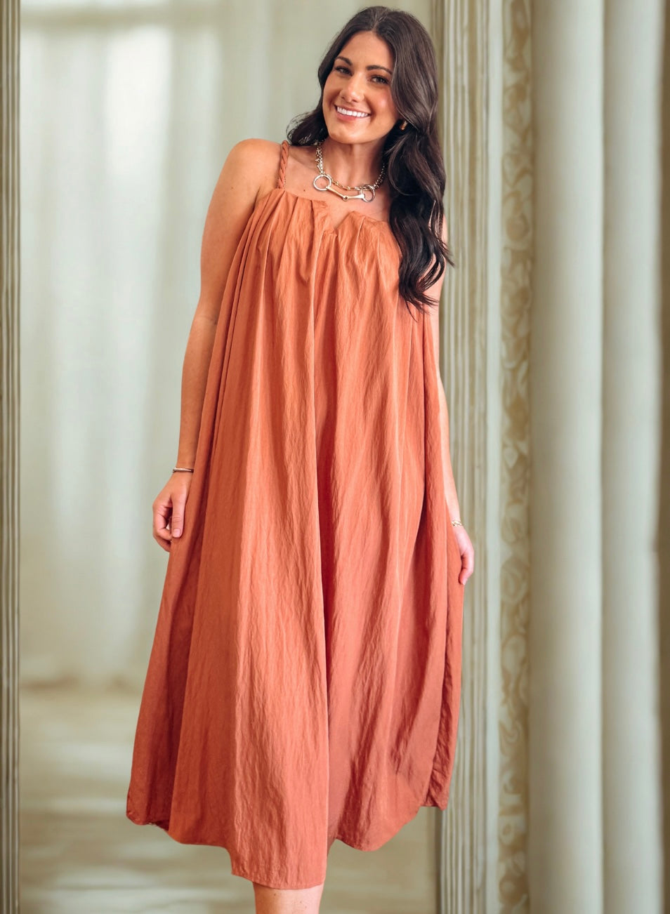 Brick V-Neck Midi Dress