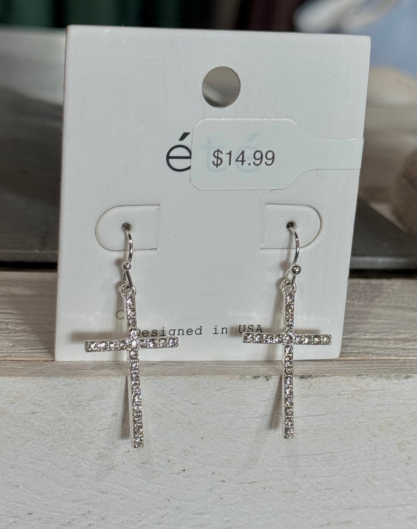 Rhinestone Dangling Cross Earring Silver