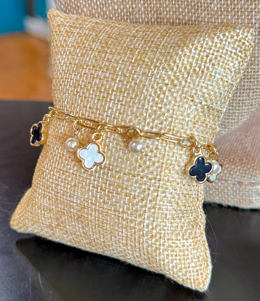 Gold Pearl & Black Charm Bracelet