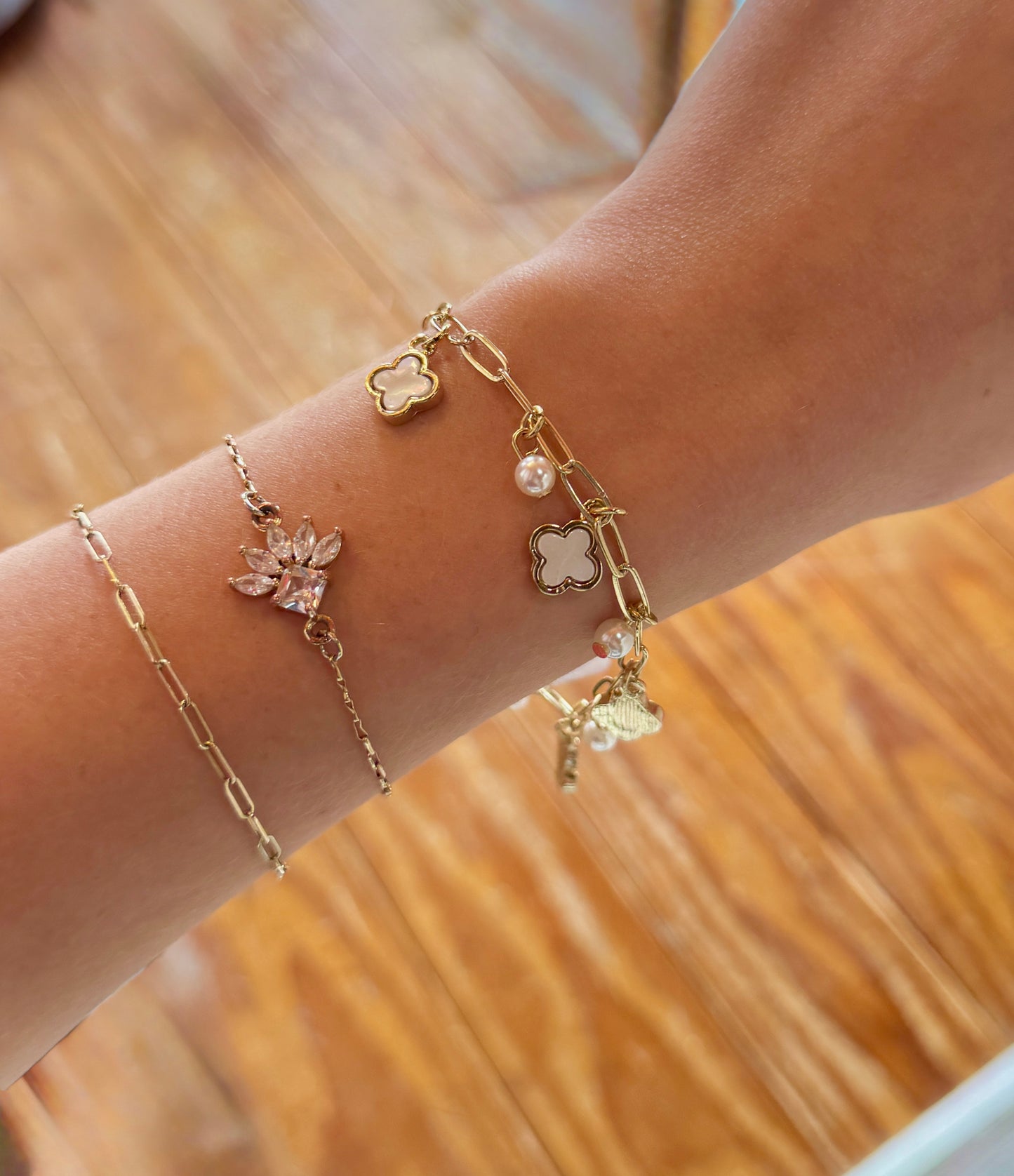 Gold Pearl Clover Charm Bracelet