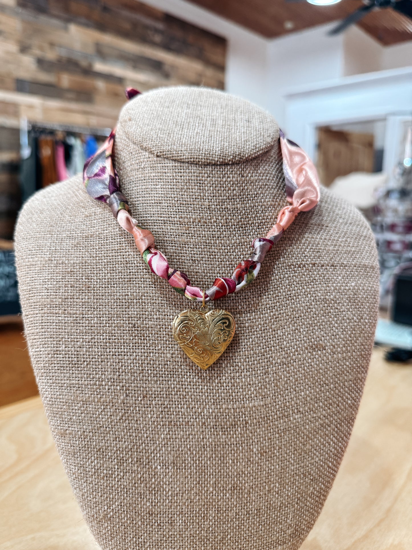 Pink Floral Gold Heart Twilly