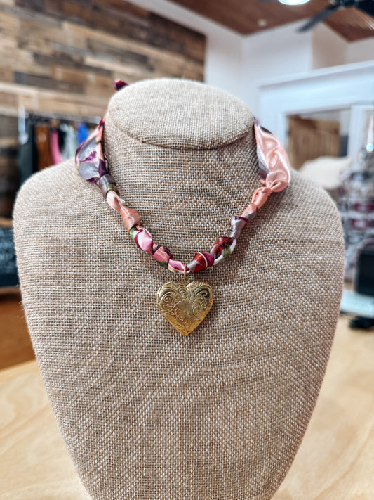 Pink Floral Gold Heart Twilly