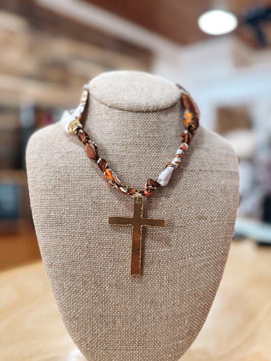 Orange & Brown Gold Cross Twilly