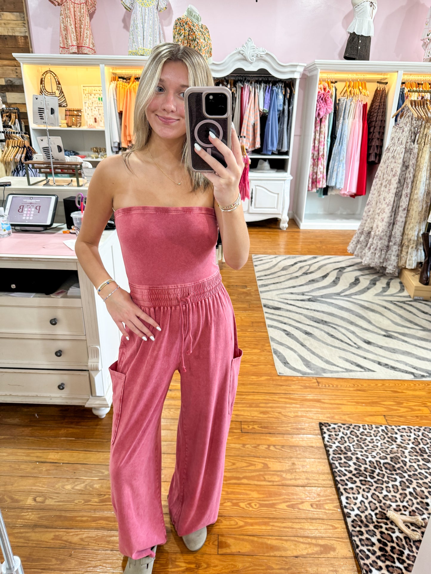 Red Wide Leg Strapless Jumpsuit