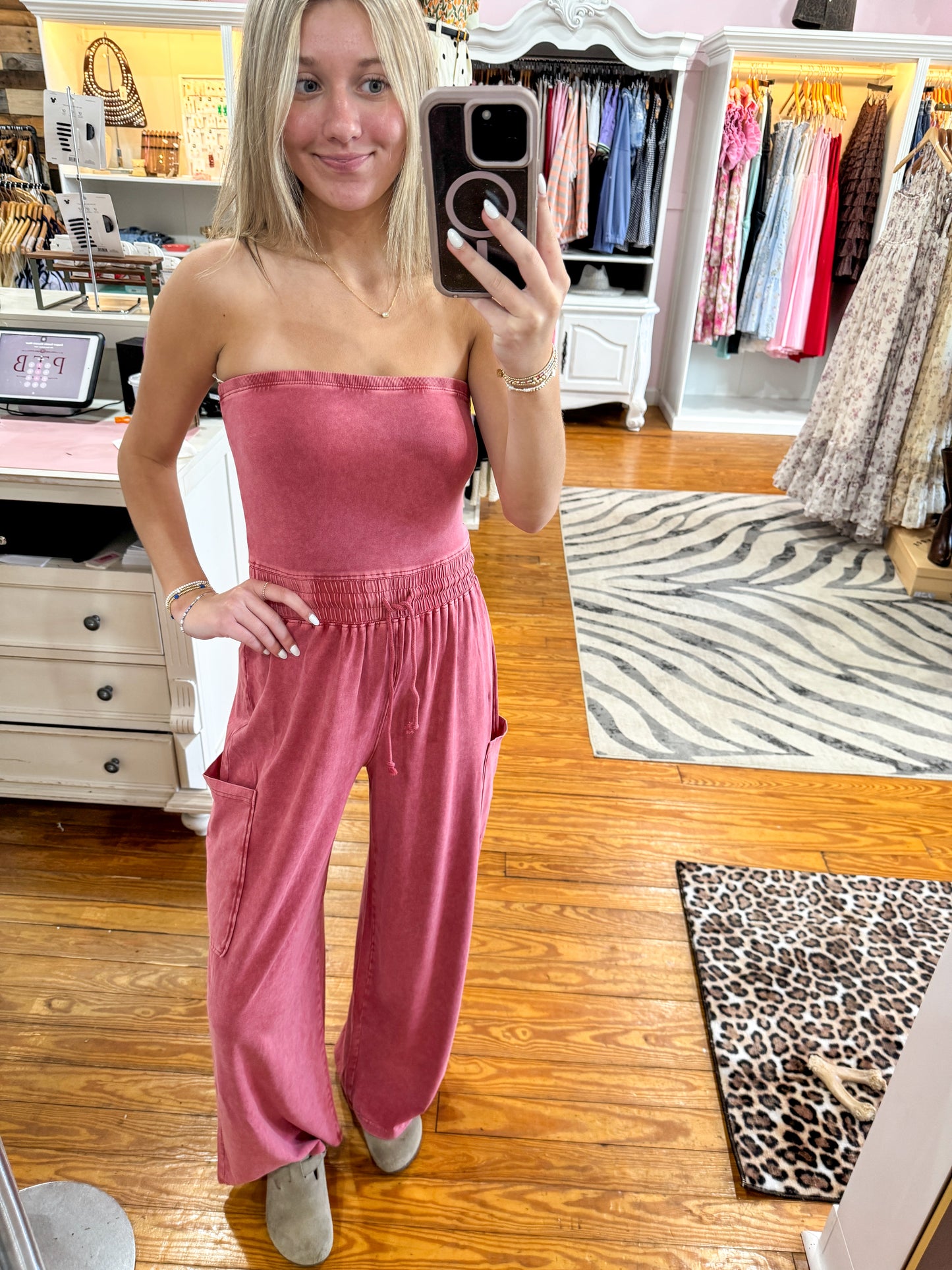 Red Wide Leg Strapless Jumpsuit