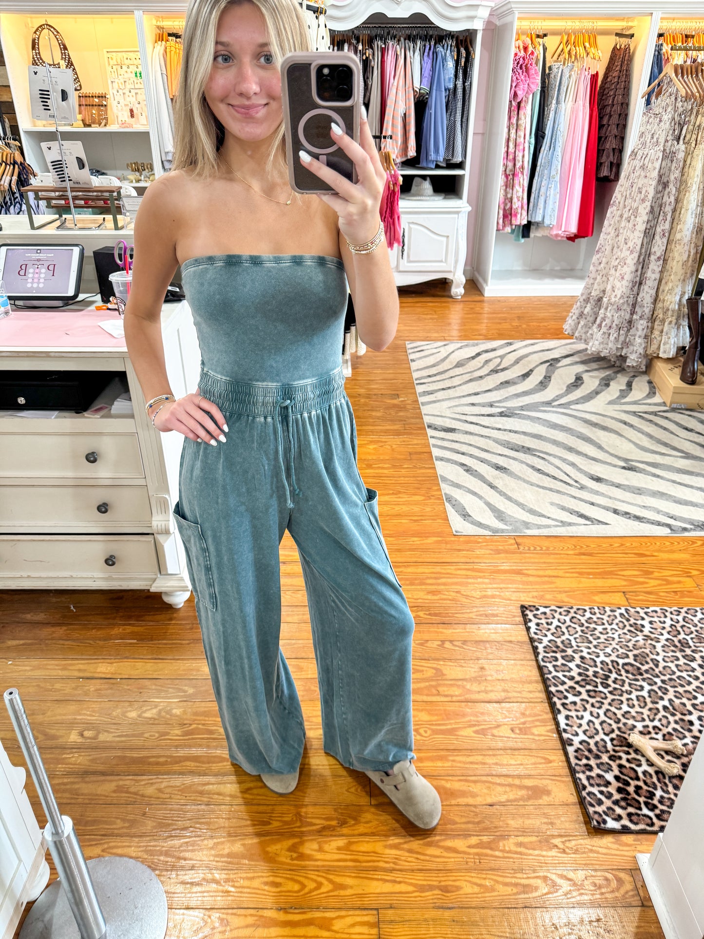 Teal Wide Leg Strapless Jumpsuit