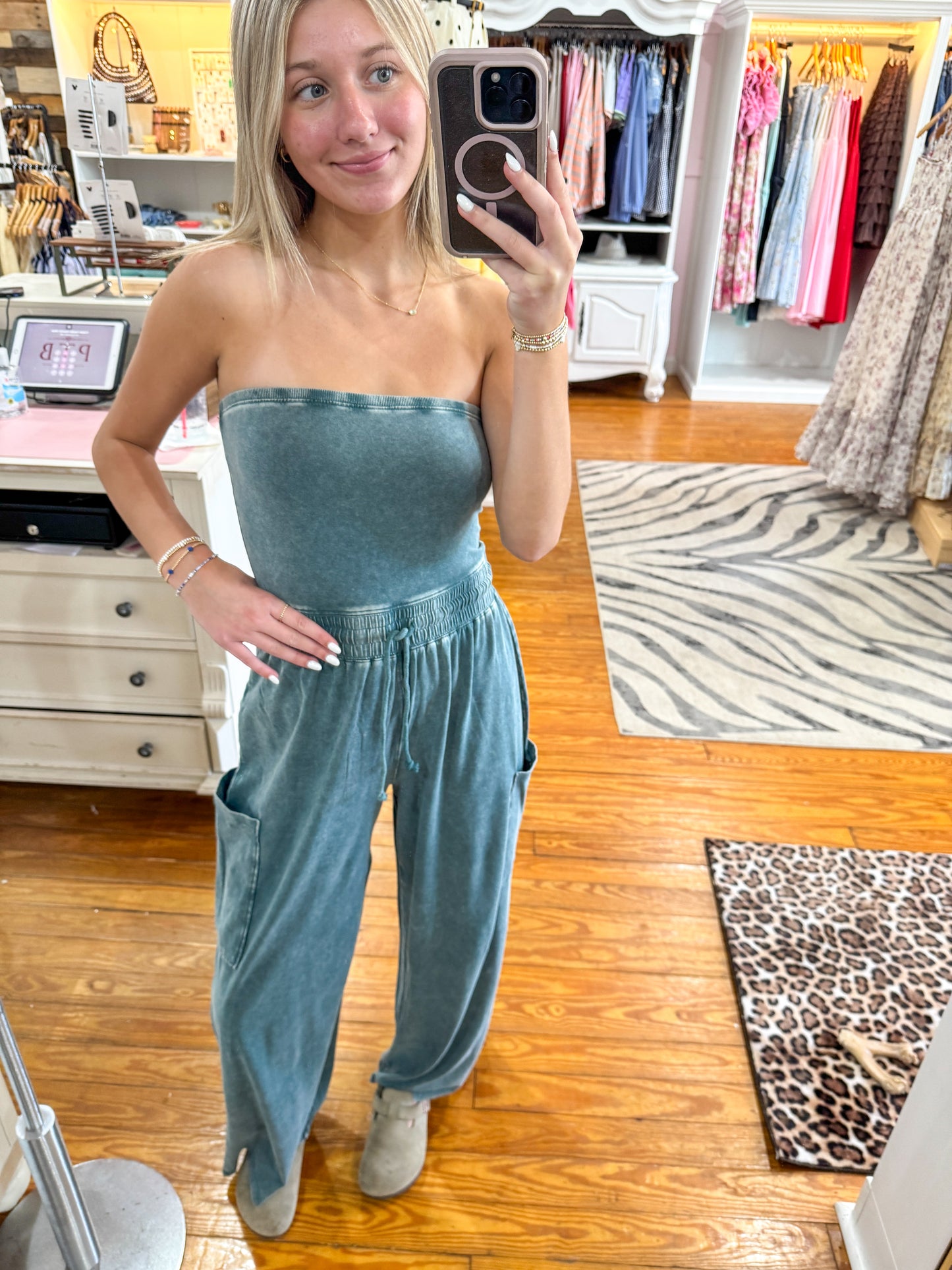 Teal Wide Leg Strapless Jumpsuit