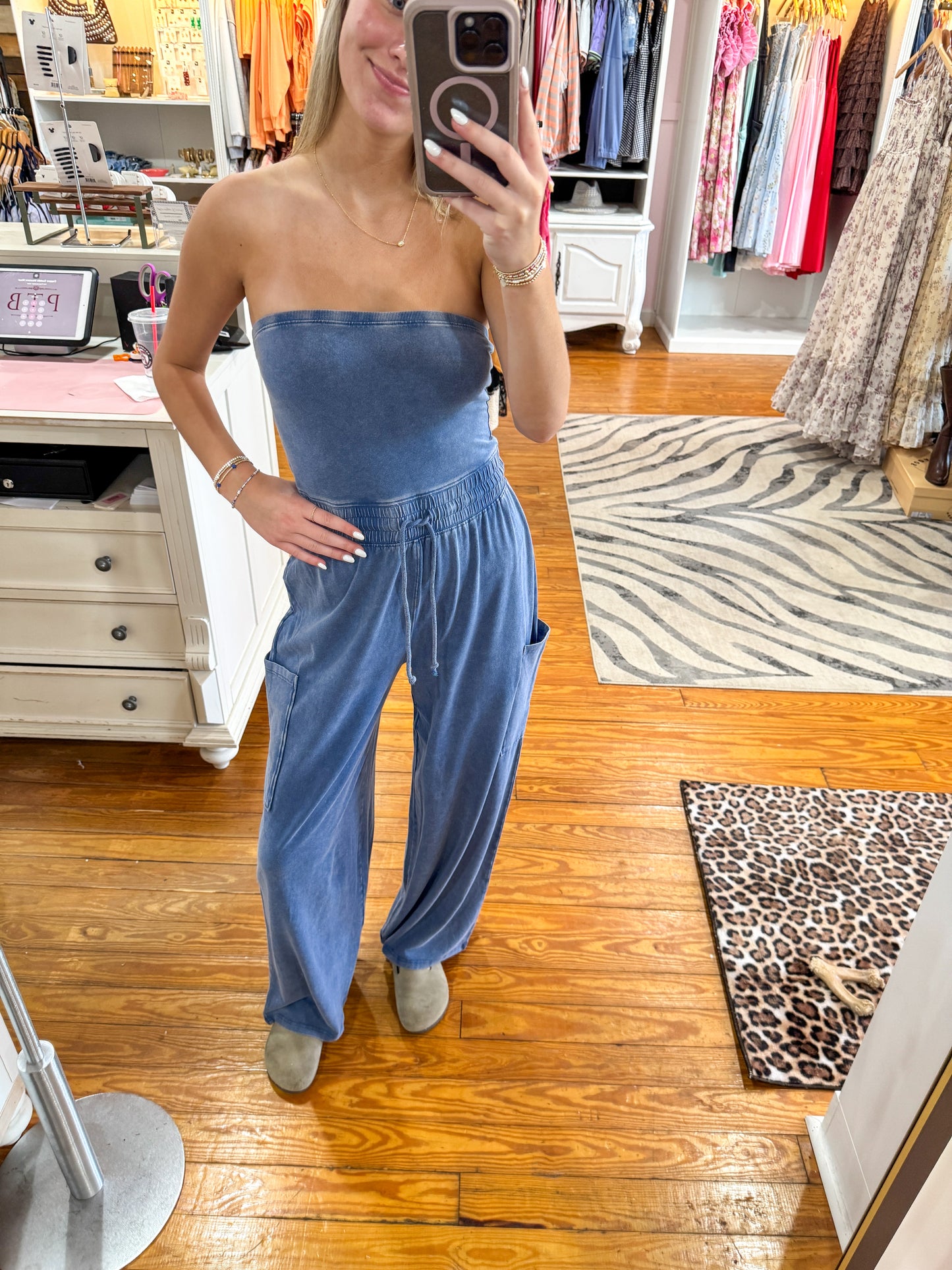 Navy Wide Leg Strapless Jumpsuit