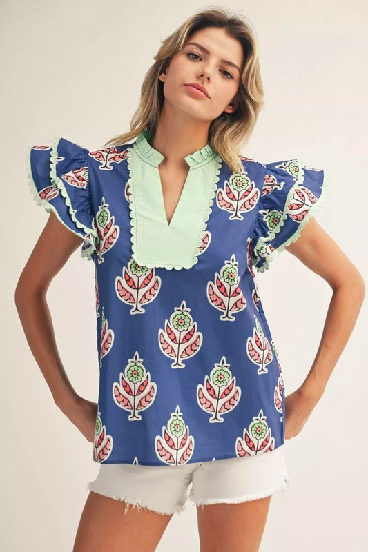 Navy & Mint Floral Blouse