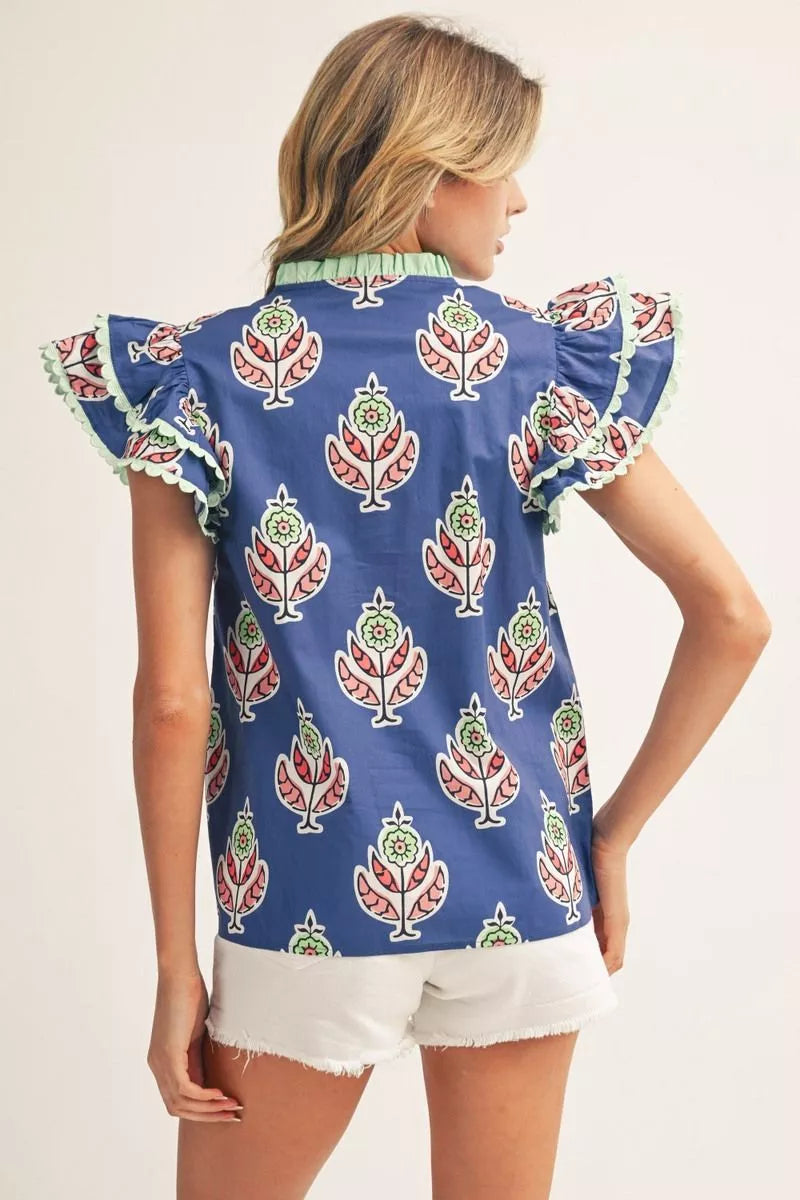 Navy & Mint Floral Blouse