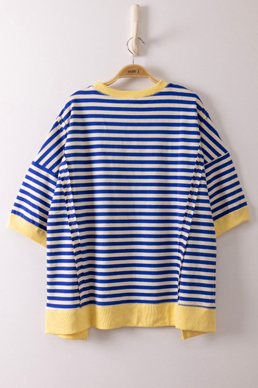 Blue & White Stripe Drop Shoulder Top