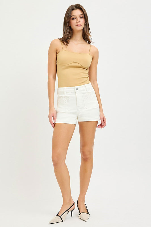 Risen White Embroidered Denim Shorts