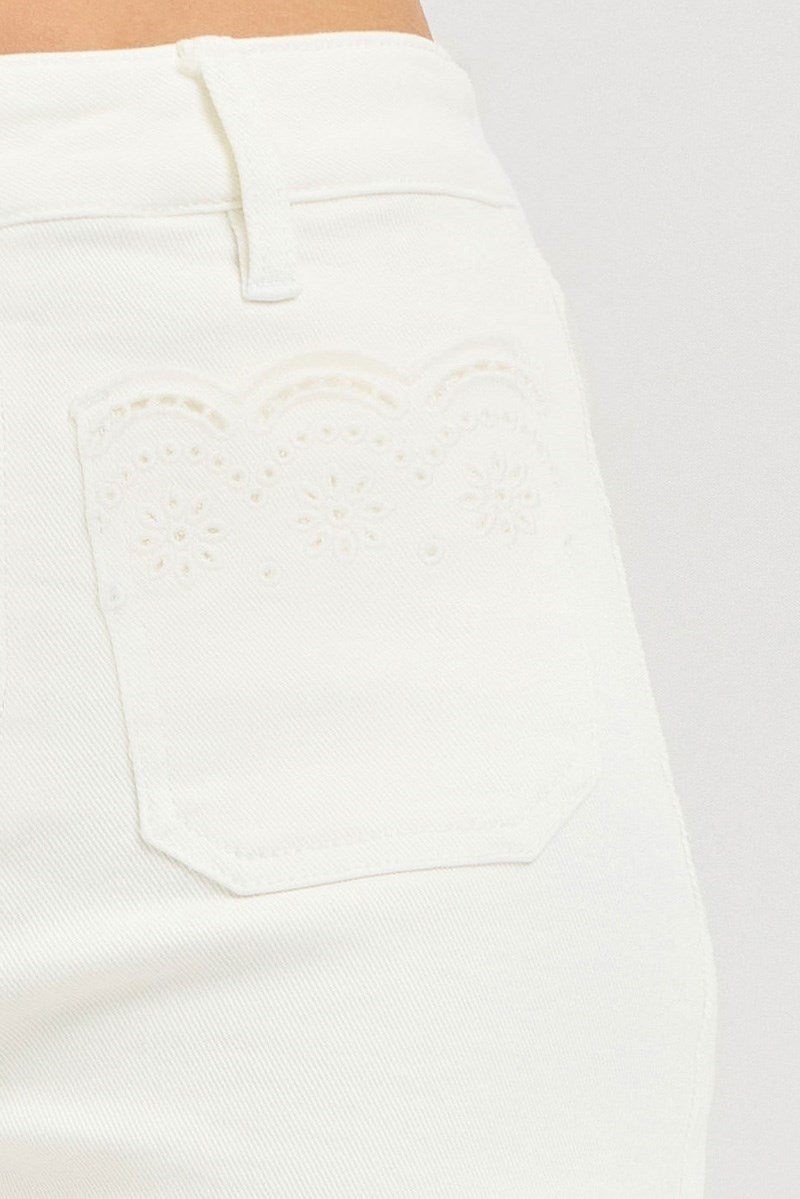 Risen White Embroidered Denim Shorts