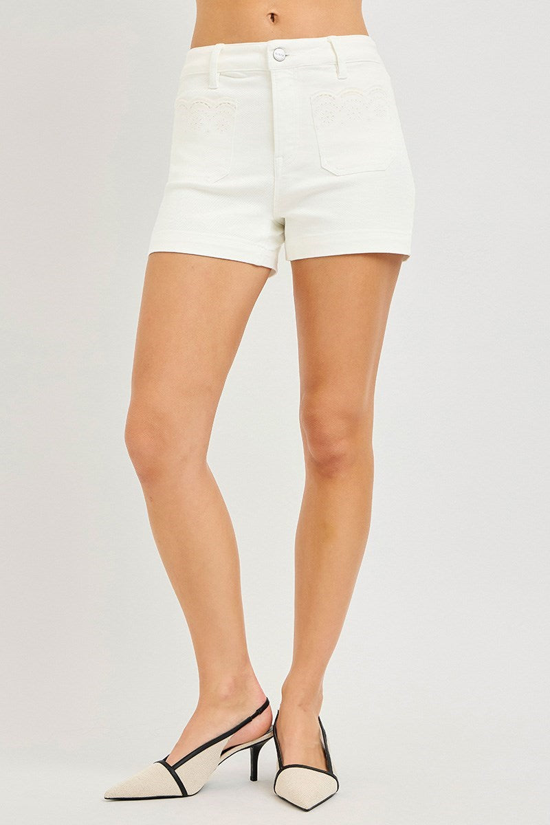 Risen White Embroidered Denim Shorts