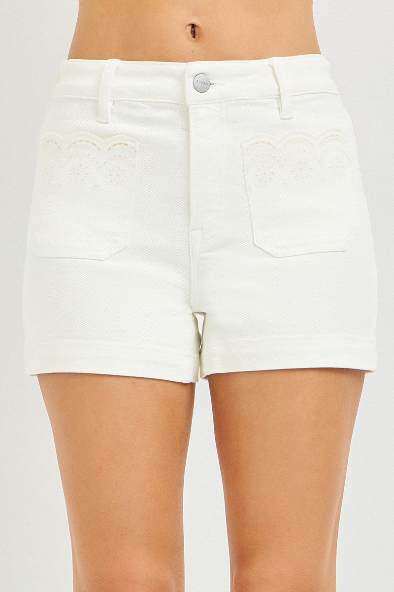Risen White Embroidered Denim Shorts
