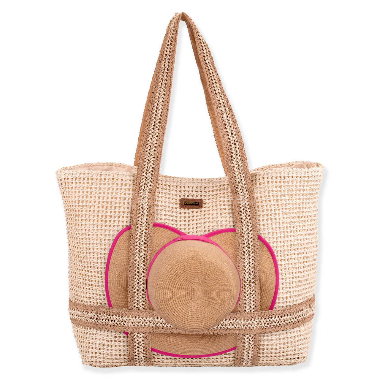 Beige Straw Shoulder Tote & Hat Carrier